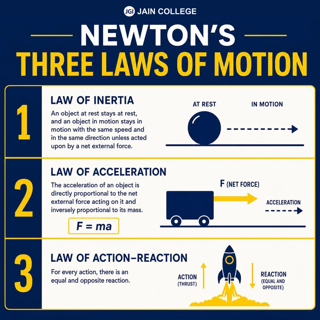 Physics diagram explaining Newton's First, Second, and Third Laws of Motion