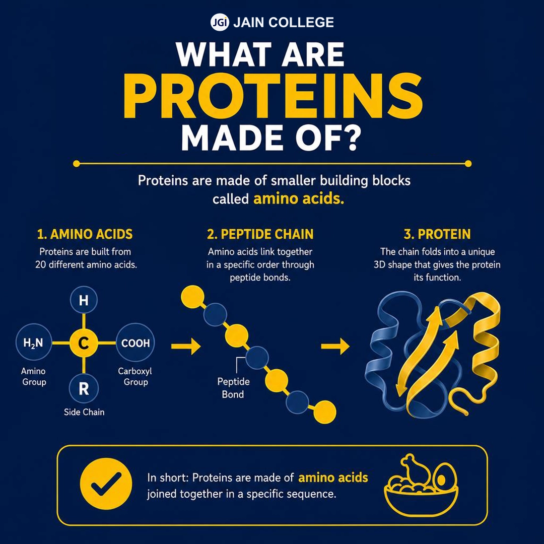 Biology infographic explaining the molecular structure and composition of proteins