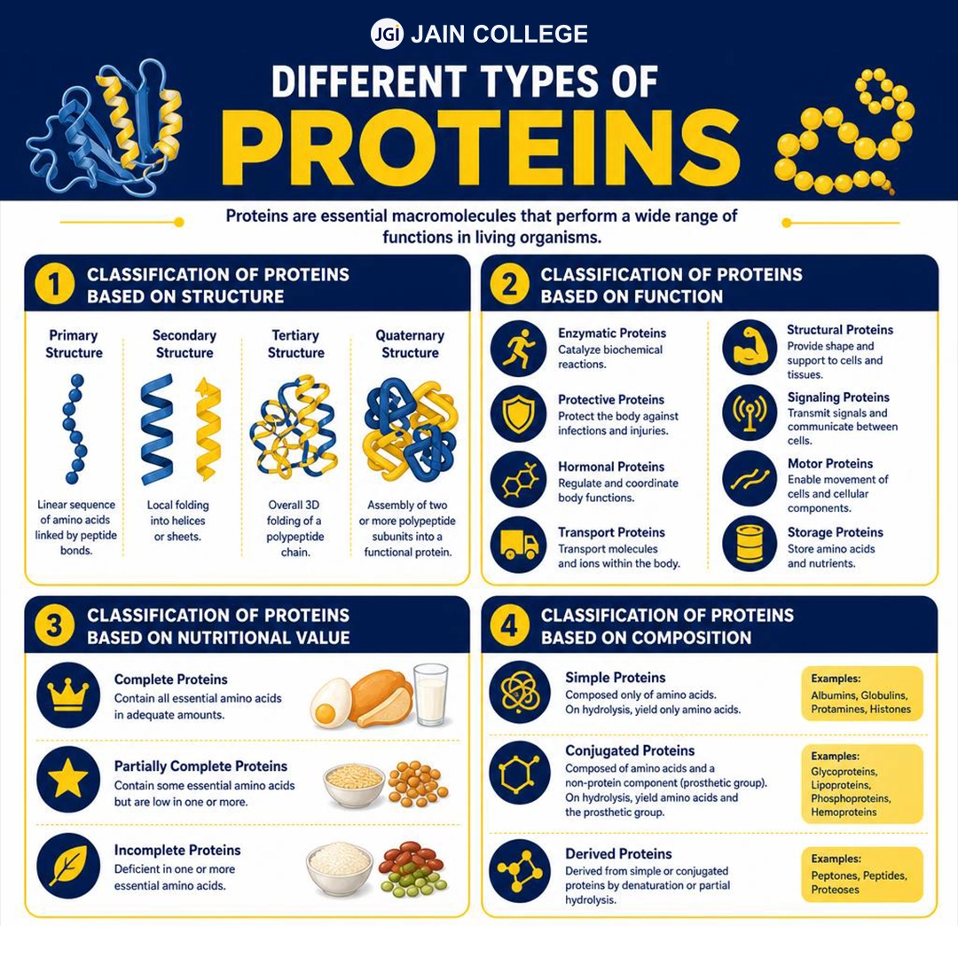 Diagram illustrating the different types of proteins and their functions in the human body