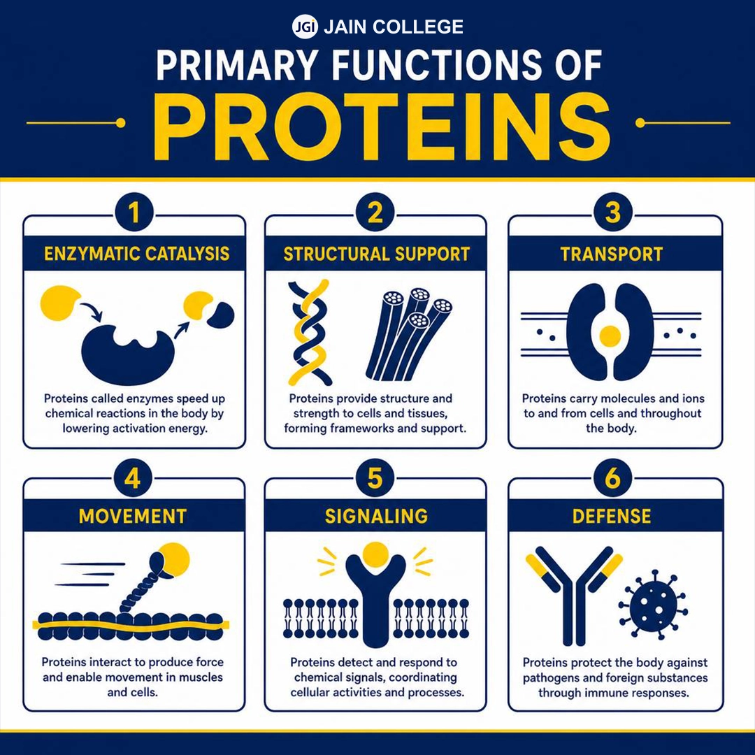 Biology infographic explaining the main functions of proteins in the human body